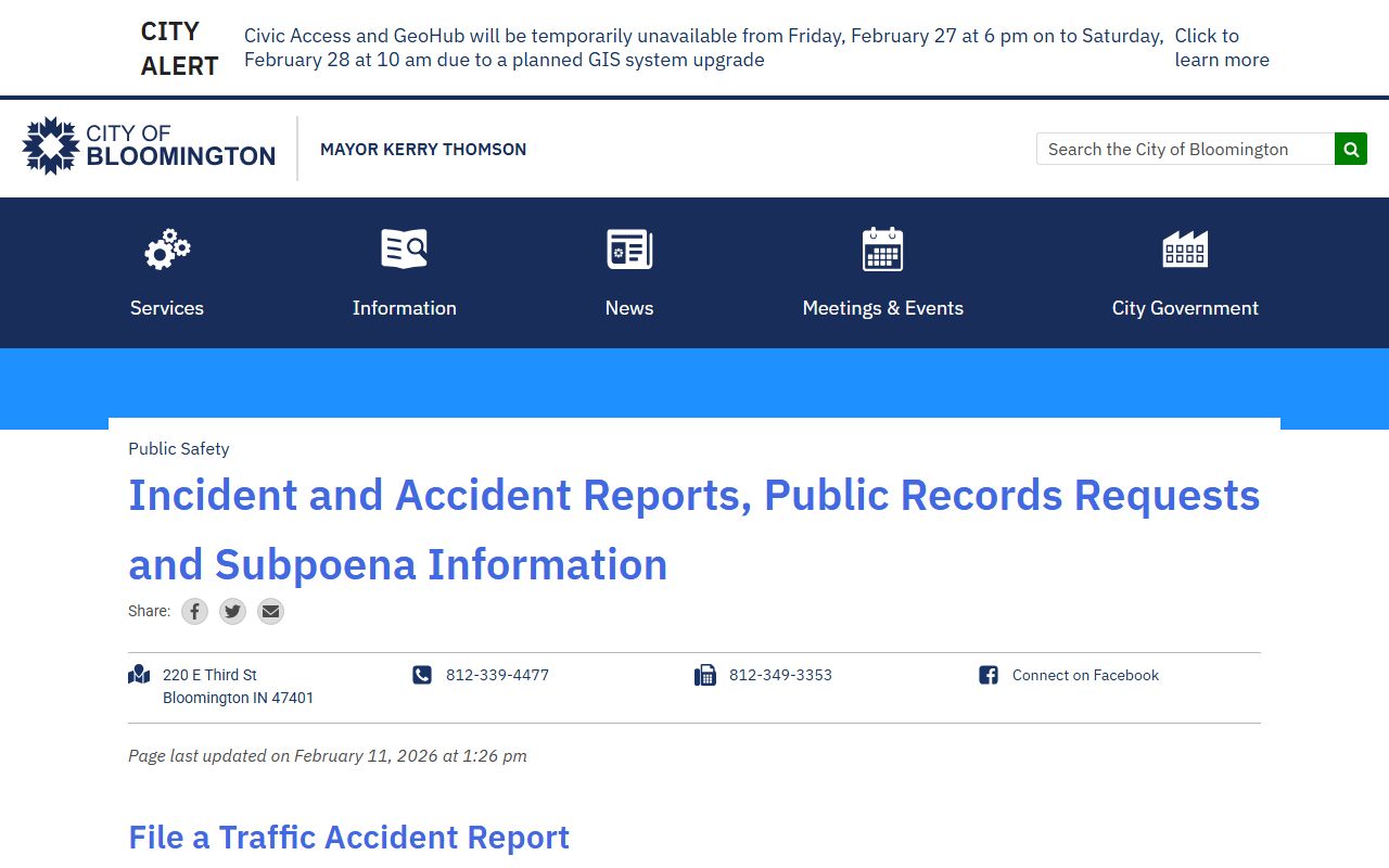 Bloomington accident reports page related to background check records