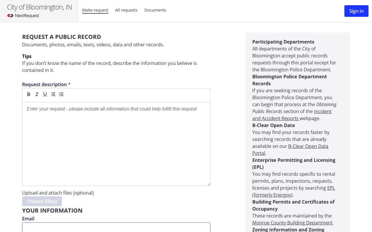 Bloomington NextRequest portal for public records and background checks