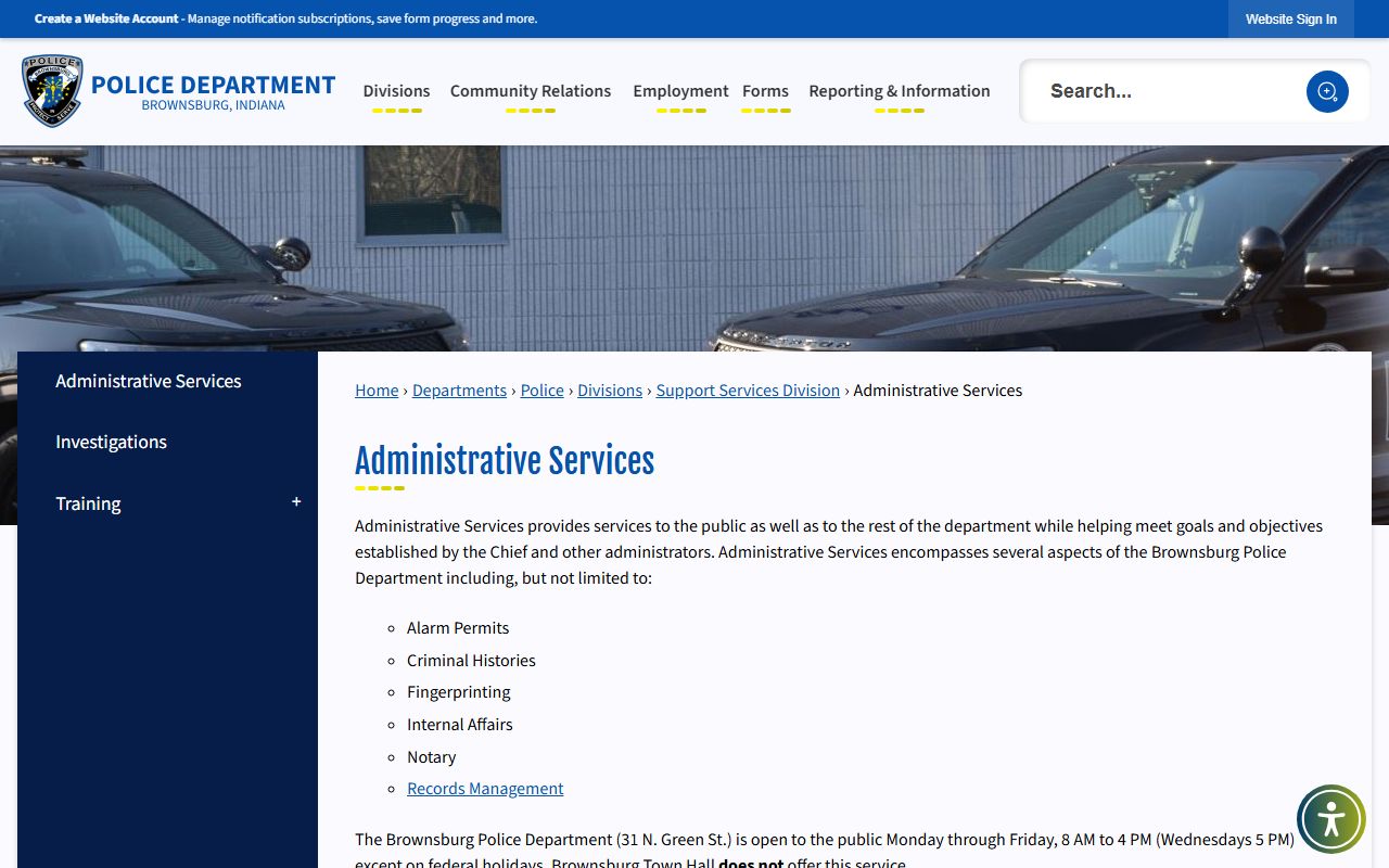 Brownsburg administrative services background check information