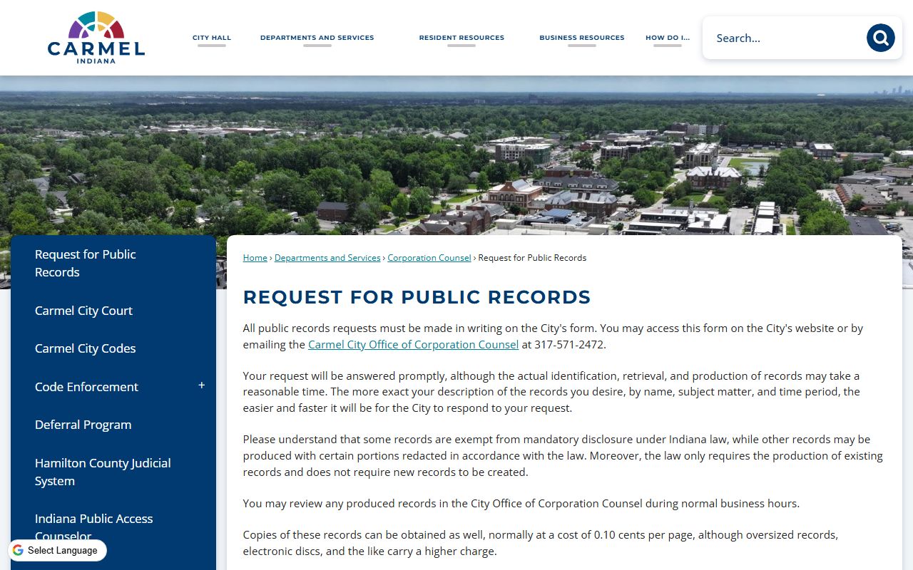 Carmel public records request page for background check records