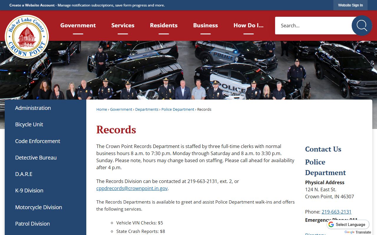 Crown Point Police Records Division fees for background checks