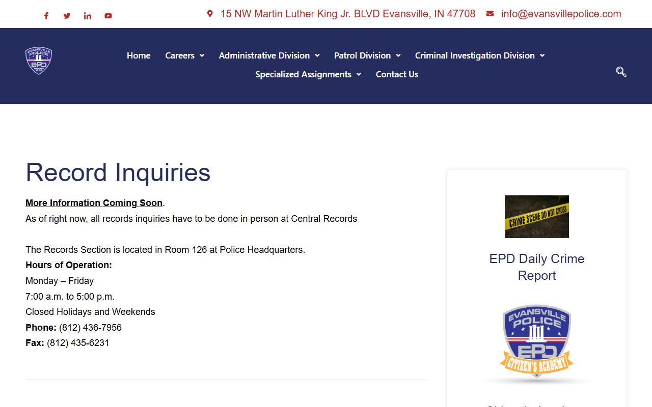 Evansville record inquiries page for background check