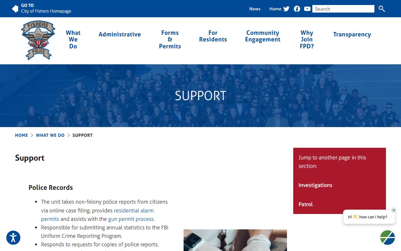 Fishers Police Support Division background check and records page