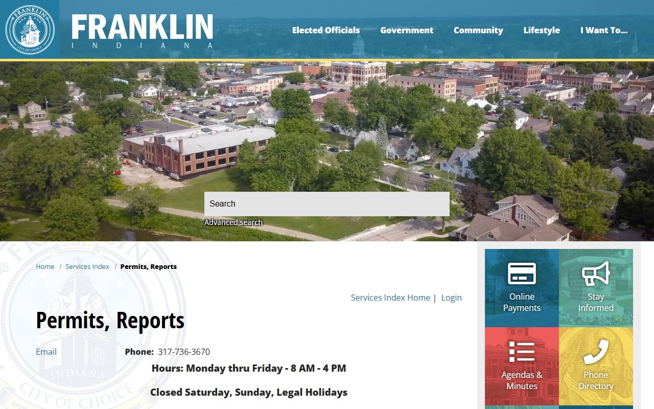 Franklin city services page with records and permit information