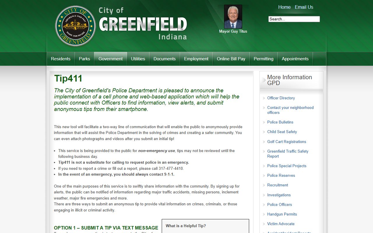 Greenfield Police Tip411 anonymous tip service page