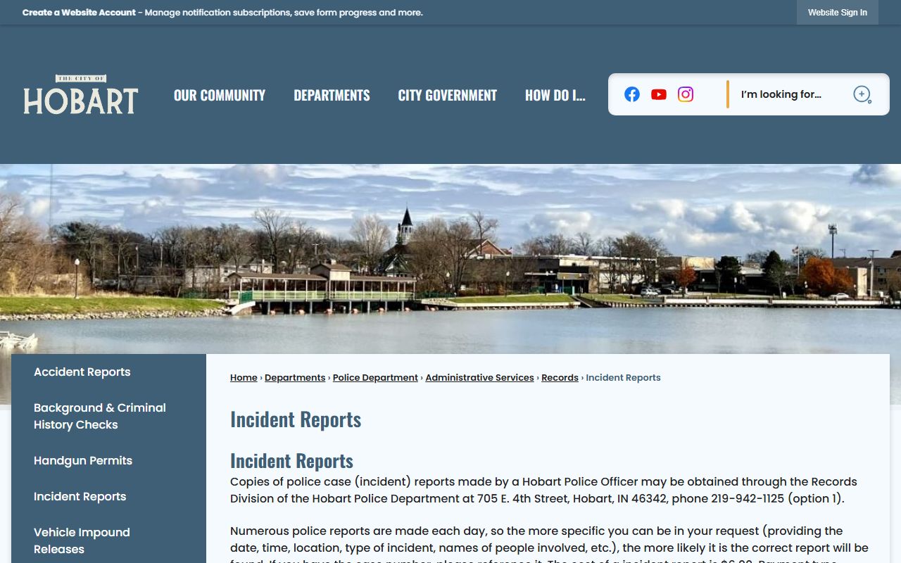 Hobart Police incident reports page for background check
