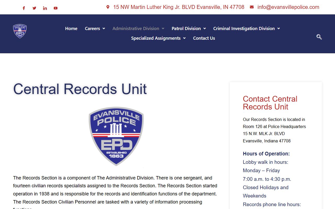 Evansville Central Records Unit page for background check requests