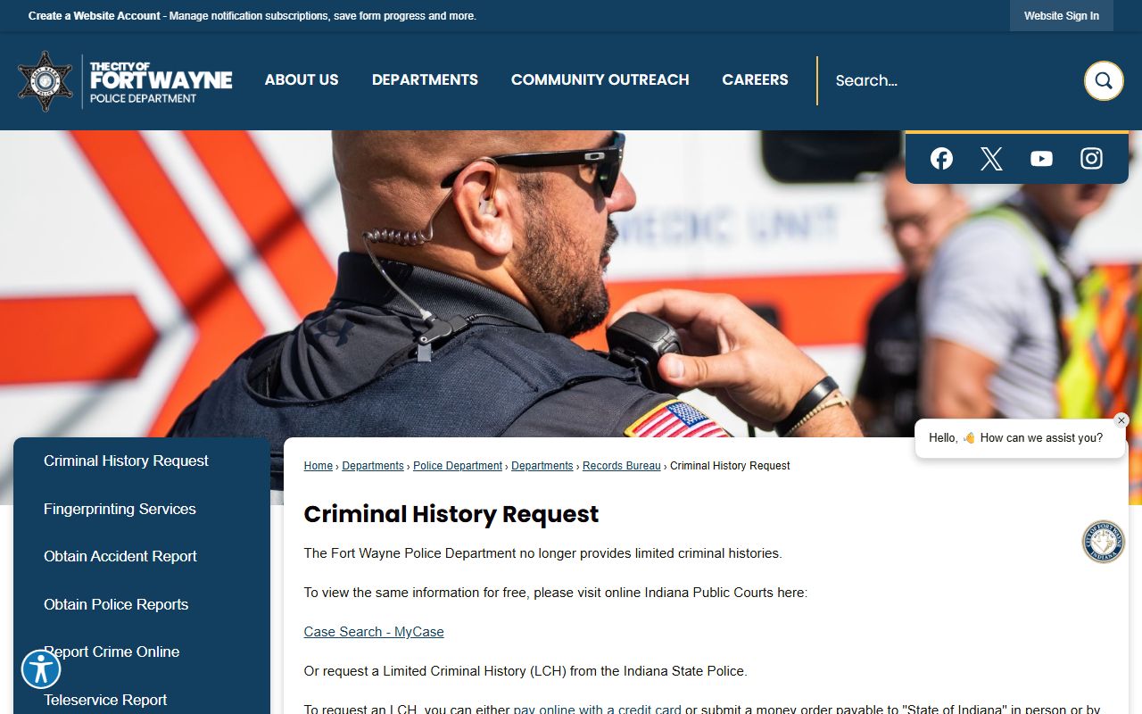 Fort Wayne criminal history request page for background check