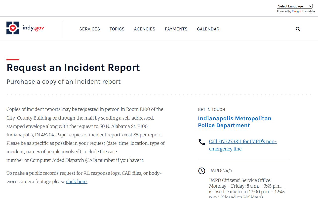 Indianapolis IMPD incident report request page for background check