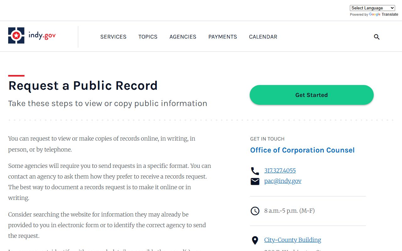 Indianapolis public records request page for background check searches