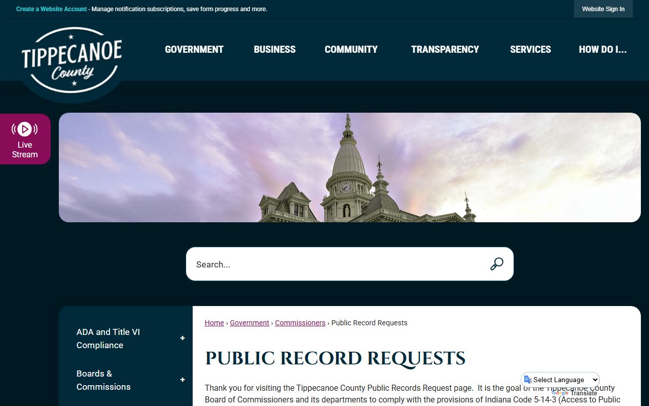 Tippecanoe County public records request page for Lafayette background checks