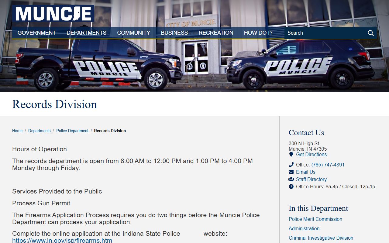 Muncie Police Records Division hours for background checks