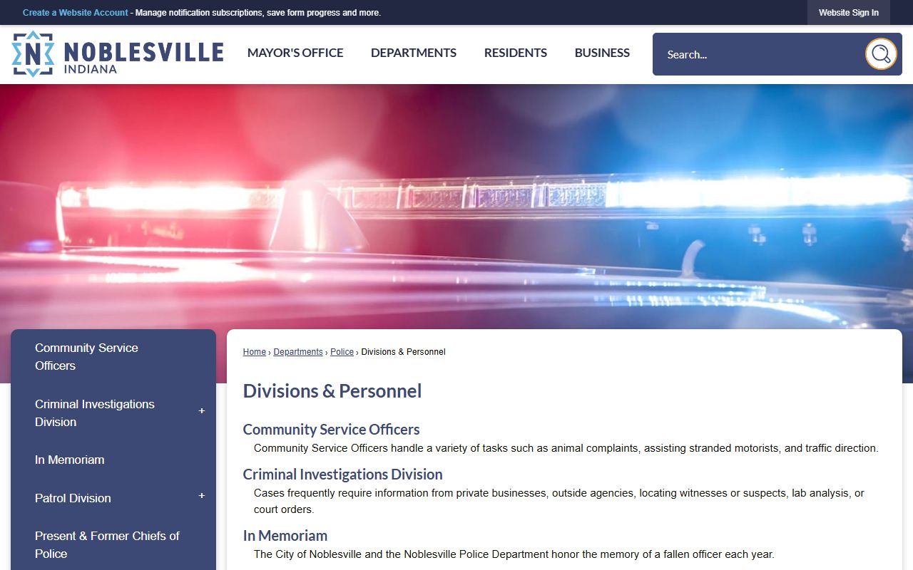 Noblesville Police Department divisions and personnel for background check processing