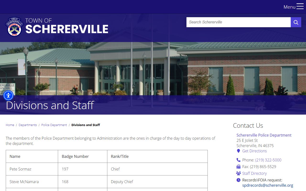 Schererville Police staff directory for background check contacts