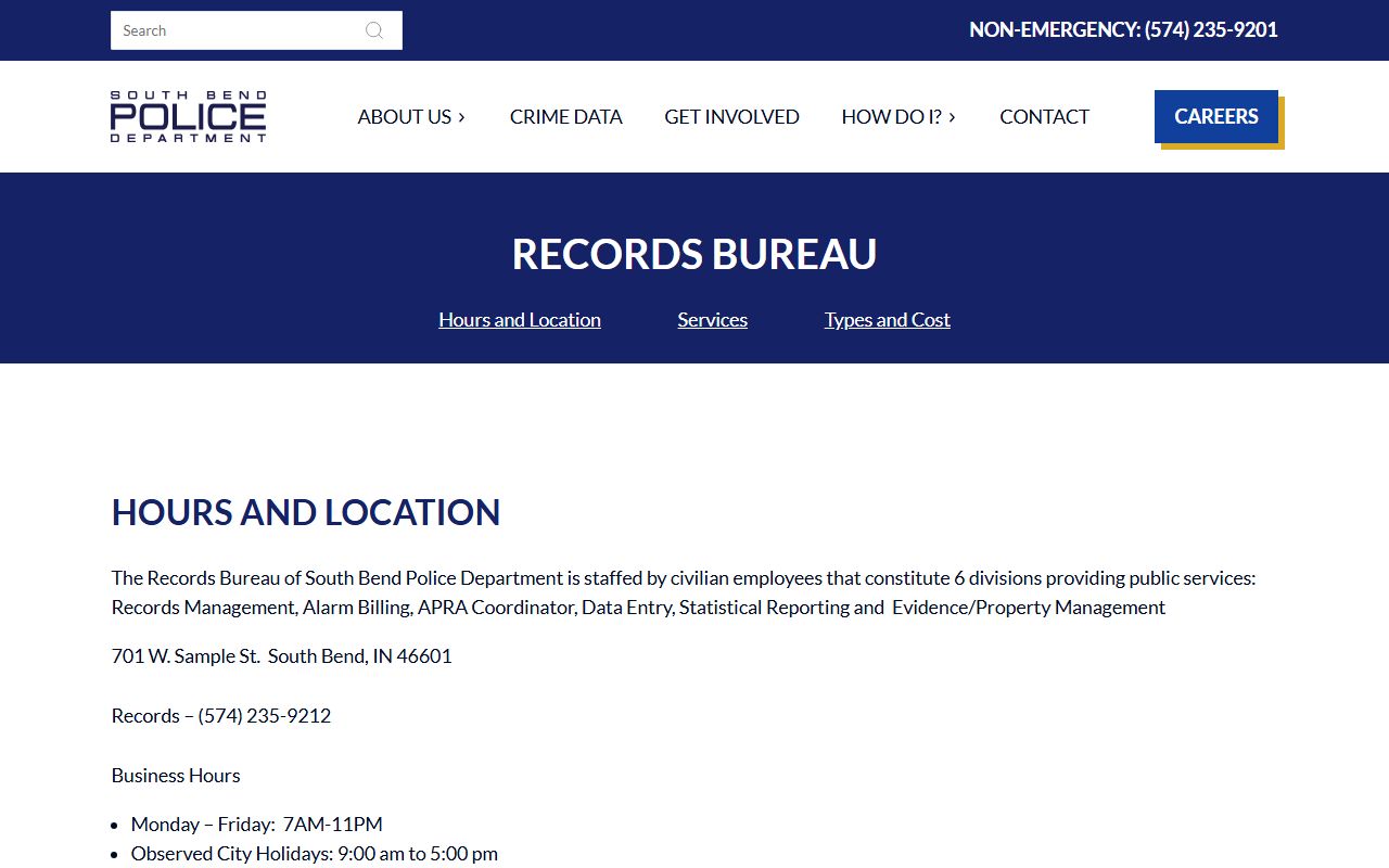 South Bend Police Records Bureau background check services and fees