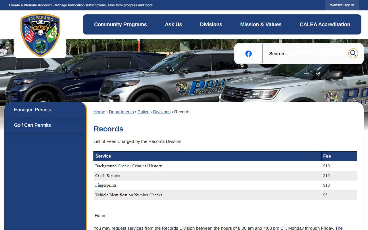 Valparaiso Police Records Division fees and services