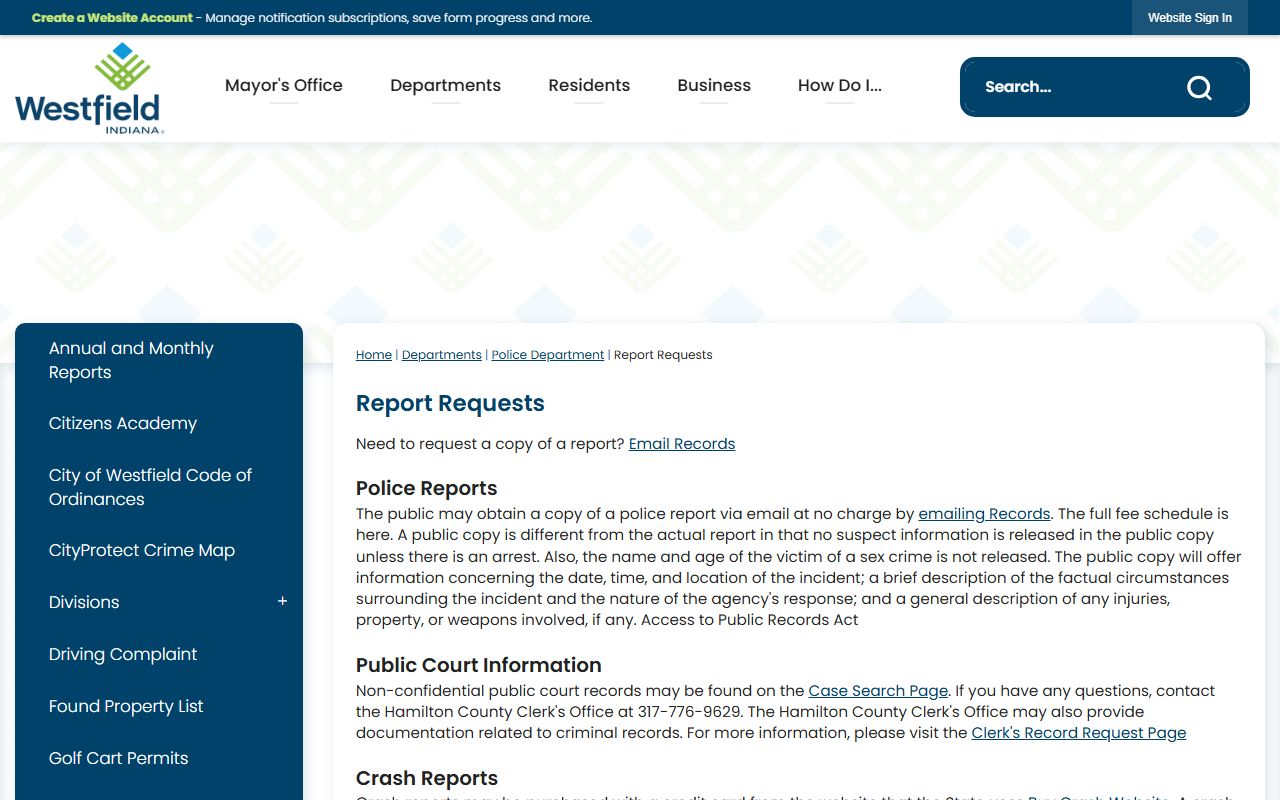Westfield Police Department report request page for background check records