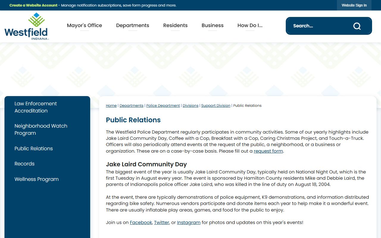 Westfield Police Department public relations and background check information