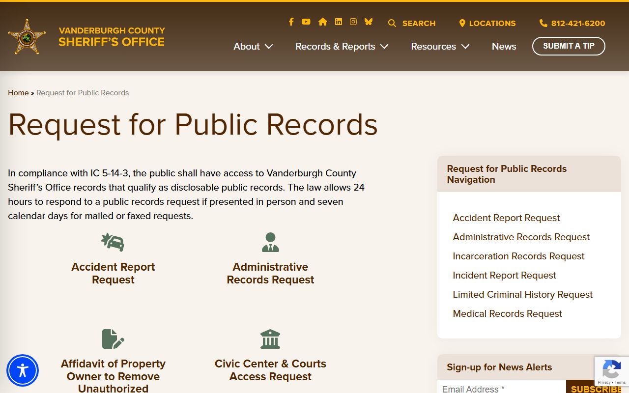 Vanderburgh County Sheriff public records page Evansville background check