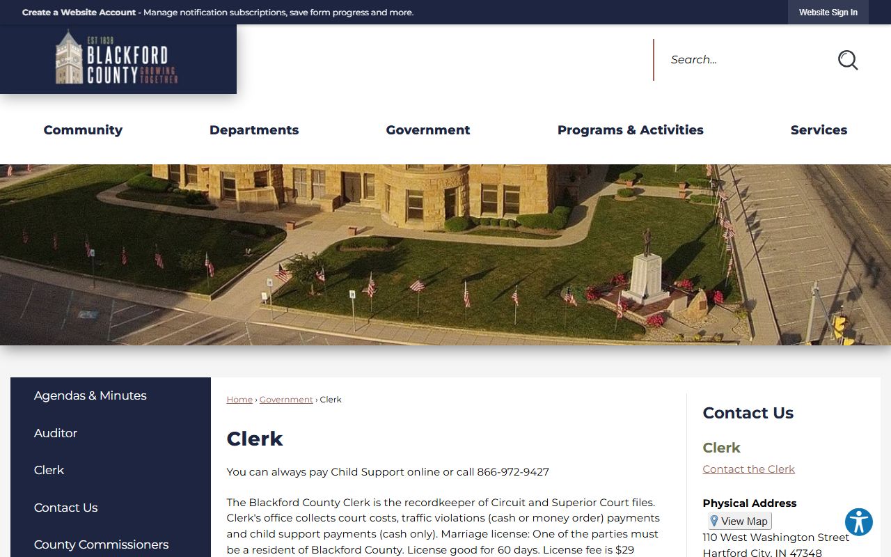 Blackford County Clerk website for background check services