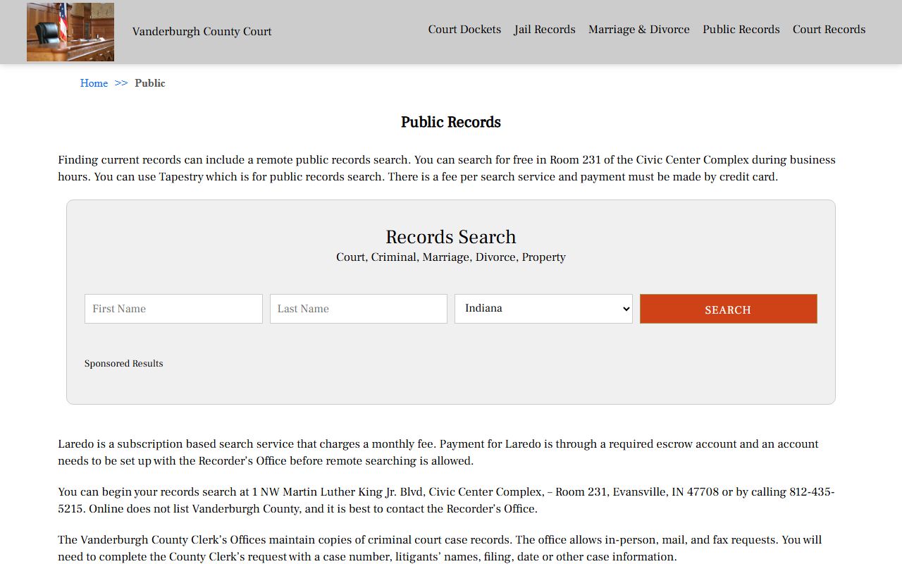 Vanderburgh County Court public records page for background check