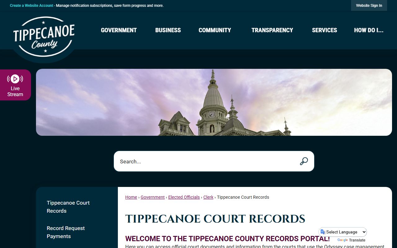 Tippecanoe County court records page for background check