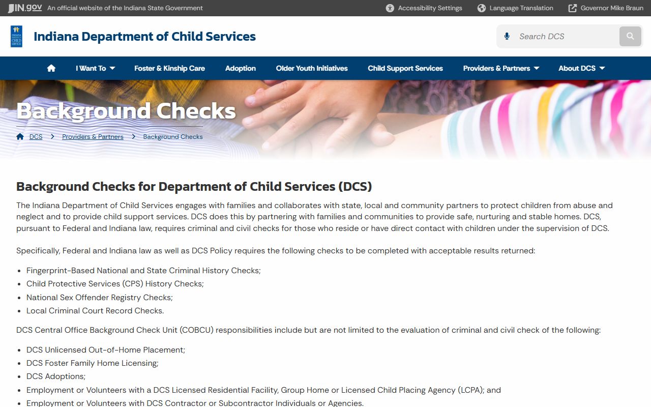 Indiana DCS background check information page