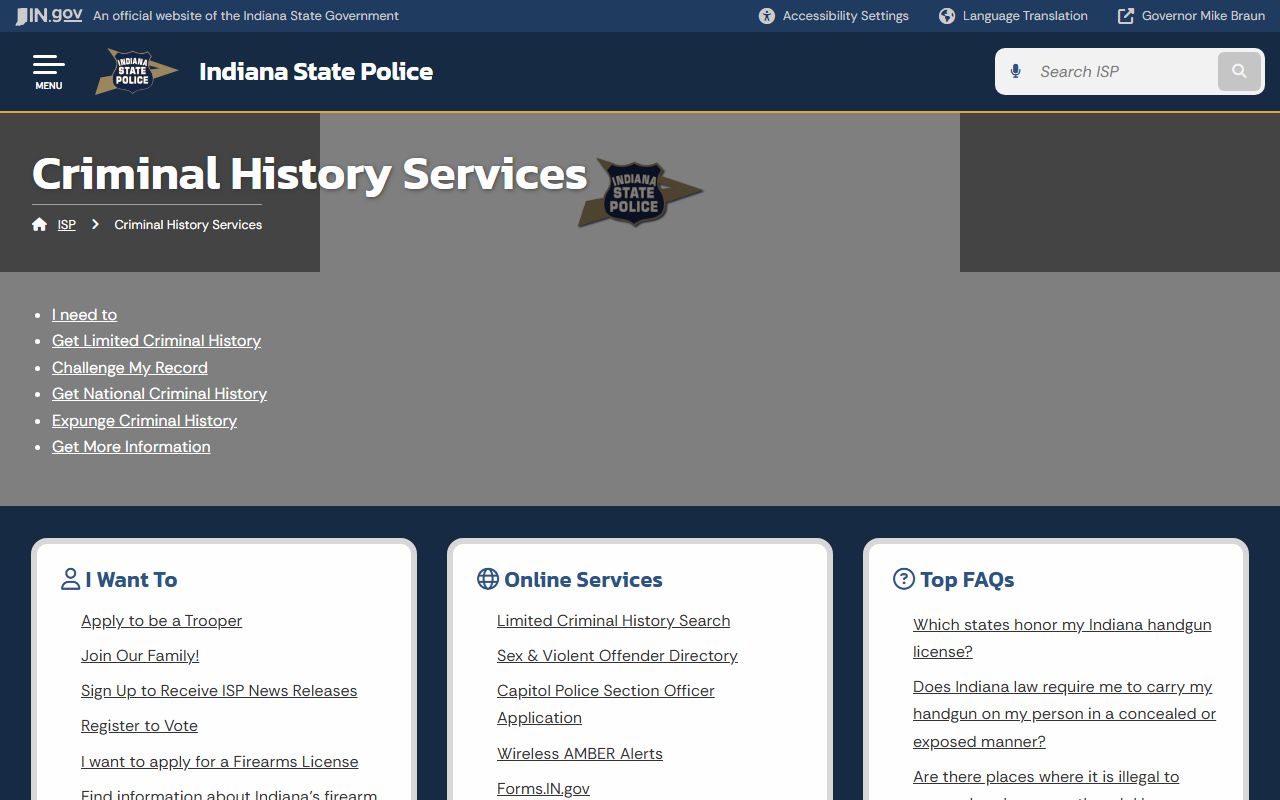 Indiana State Police criminal history portal for background check records