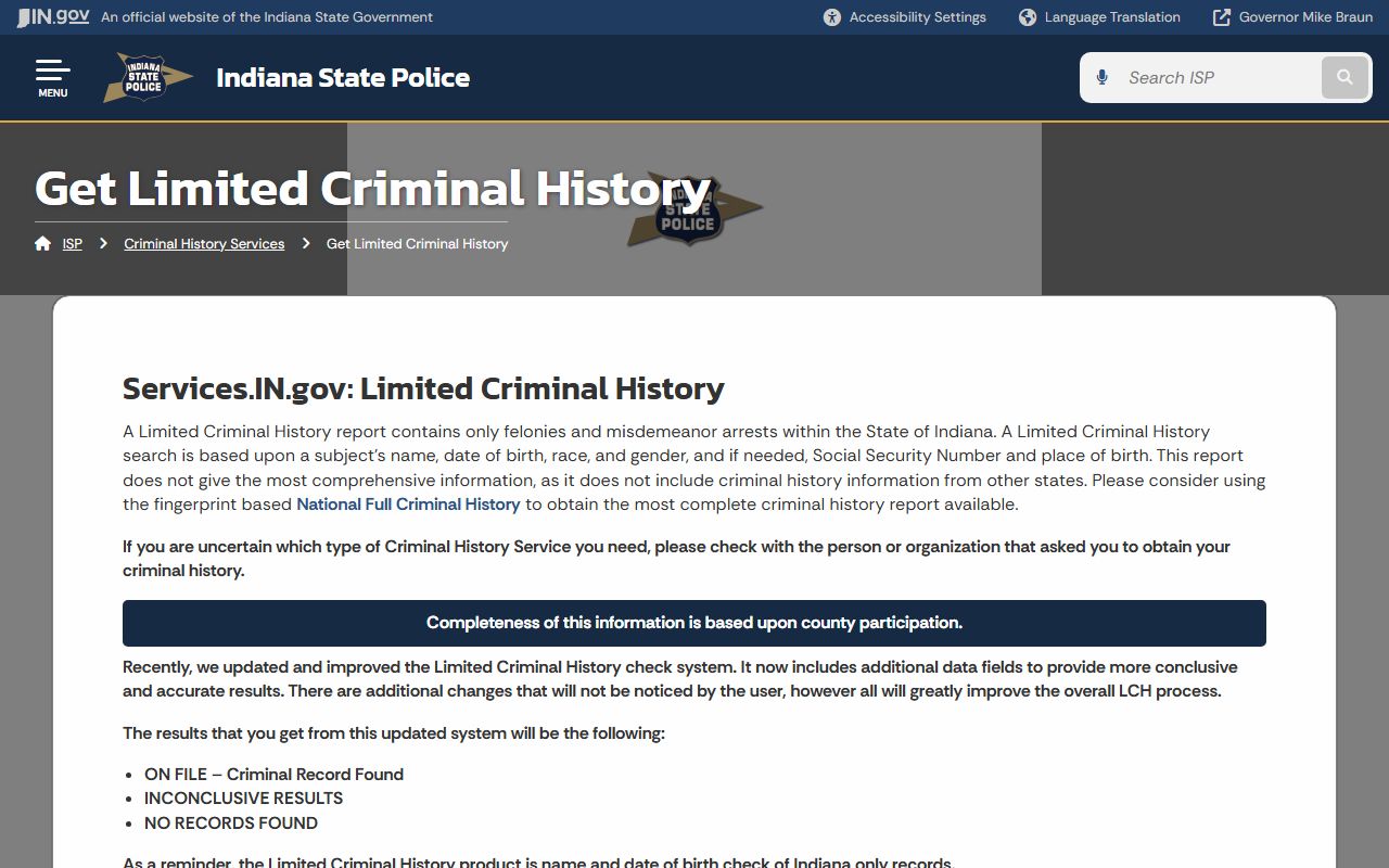 Indiana State Police limited criminal history search page for background checks