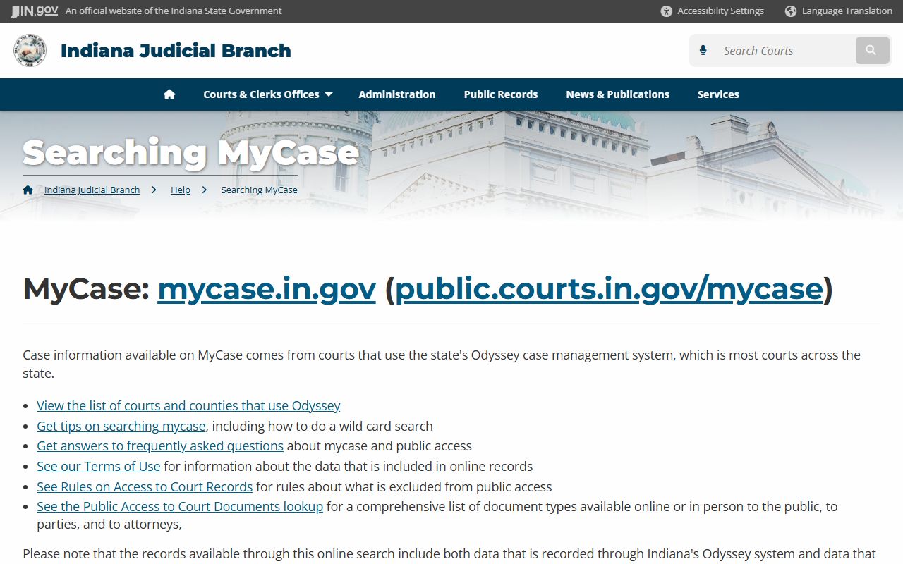 MyCase help documentation for Indiana court record searches